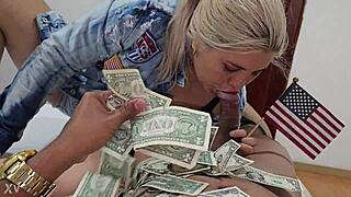 Does this pornographic blonde with golden hair suck and lick old guy for cash?