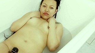 She gets real and amateur in the shower masturbating with her dildo leading to hardcore orgasm and creampie close up