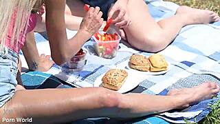 Blonde and Brunette Lesbians Rebecca Volpetti and Veronica Leal Dive into Outdoor Strap-On Action on Vacation