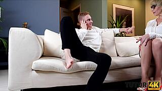 Whoa, this blonde tutor in glasses and stockings gets bent over by teen after he finds her sex toys 😏🍆