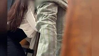 Come here, student, the mature Mexican teacher says in the classroom. She pulls him close for public sex behind the door while getting recorded.