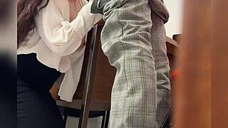 Come here, student, the mature Mexican teacher says in the classroom. She pulls him close for public sex behind the door while getting recorded.