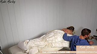 Kate Marley recreates erotic sex scene with blindfolded fingering and nuru massage leading to orgasm.