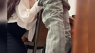 Come here, student, the mature Mexican teacher says in the classroom. She pulls him close for public sex behind the door while getting recorded.