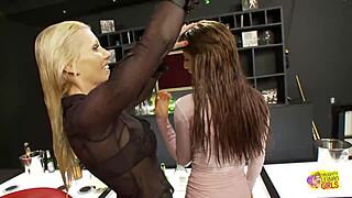 Those lovely european sluts got drunk spilling wine over fake boobs while kissing and licking.