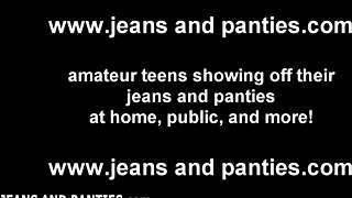 valya teases slowly in tight jean miniskirt, revealing panties underneath