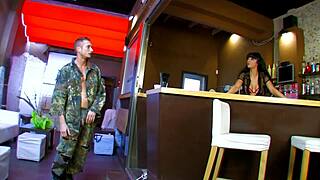 hey slutty brunette milf, bend over in fishnets and heels for deepthroat blowjob and anal creampie in this pub fuck with monster cock.