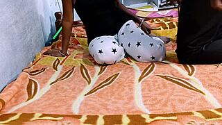 Indian hot wife delivers homemade handjob blowjob and footjob to husband in close-up bedroom session part 1