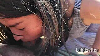 Can you guess the place where she swallows cum outdoors with deepthroat facial?