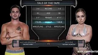 Mixed nude wrestling fight Nathan Bronson vs Kaiia Eve eating that pussy then fucking her hard.```