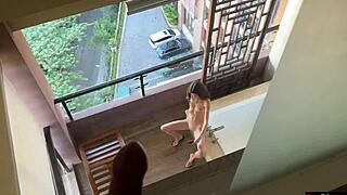 Oh man, this horny neighbor is masturbating on the balcony while that pervert watches, leading to Katty West's intense anal session.