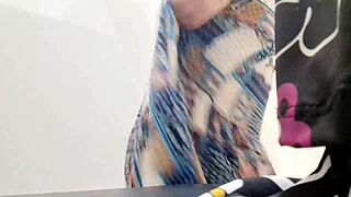 wonderful italian stepmom reveals her hairy pussy in a public store setting