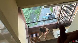 Oh man, this horny neighbor is masturbating on the balcony while that pervert watches, leading to Katty West's intense anal session.