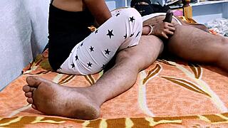 Indian hot wife delivers homemade handjob blowjob and footjob to husband in close-up bedroom session part 1