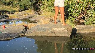 Petite girlfriend in dress bent over for doggystyle with huge cum covered finish