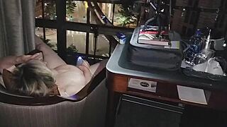 naked and masturbating in front of the city at night, this granny's like totally flashing her orgasm, ya know?