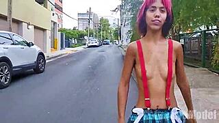 topless with suspenders and micro skirt flashing my petite ass in public streets 🐰😏