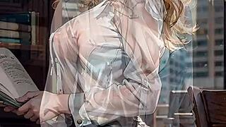 Hey, this AI-generated blonde librarian is flashing her pussy outdoors