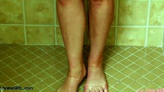 What if this captivating blonde model takes a steamy shower and teases on the sofa?