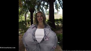 I'm chelsea charms with my huge fake tits in one button.