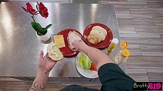 Bratty Blonde Stepsis Chloe Temple Gives Deepthroat Blowjob and Footjob to Stepbro in Kitchen Until Orgasm