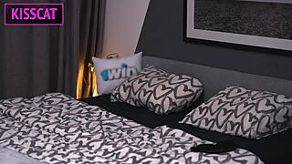 step mom blindfolded in bedroom gets surprised by step son. he fucks her missionary with big cock to creampie.