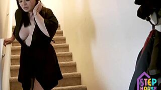 Stepmom London Rose was caught by her stepson spying while masturbating alone in the kitchen.