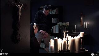 Russian redhead nun gets frozen in time for rough blowjob and creampie with Sata Jones. The real life doll takes mouthful cum in blasphemous domination.