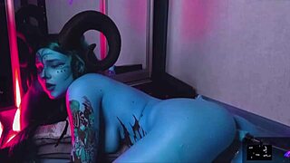 tattooed blue eyed slut with huge tits masturbates with dildo and fucking machine