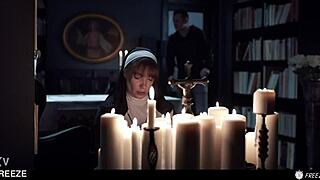 Russian redhead nun gets frozen in time for rough blowjob and creampie with Sata Jones. The real life doll takes mouthful cum in blasphemous domination.