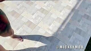 Santana Red with big booty performs blowjob on huge cock outdoors in Caribbean.