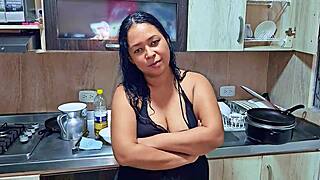 i squirt in orgasm right in the kitchen while my stepson watches me as his horny submissive stepmom