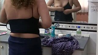 Intriguing how my curvy latina wife preps in the bathroom with jeans and lingerie for a voyeur moment.