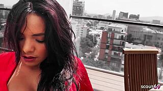 Tanned Latina model with perfect body and long nipples does risky no condom fuck with old tourist on balcony.