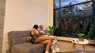 Petite Colombian teen girlfriend from Tinder rides cowgirl hardcore on first date with couple friend