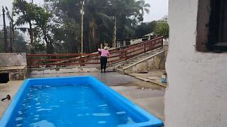 the bricklayer shows up to finish the job finds the boss lady cleaning the pool area and convinces her to go to the bathroom for a blowjob