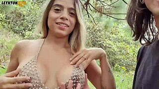 Outdoor sex with Czech Annie Marin flashing in forest and deepthroating big cock.