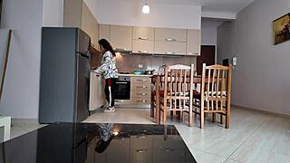 oh man, stepmom gets all shocked seeing her stepson's huge dick while bent over in the kitchen teasing him.