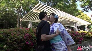 Japanese Lady Saki Aoyama with Big Natural Tits in Kimono Gives Outdoor Blowjob Handjob Fingering Leading to Moaning Orgasm Sex Uncensored