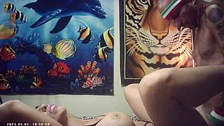 Behind the scenes Italian pound machine fucks Candice Cumm in glasses with shaved pussy passion.