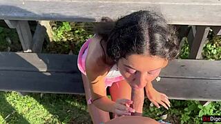 Security guard spots naughty skinny teen in private garden spot and bangs her doggystyle with sea view.