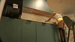 Panties Flash of a Cute Sexy Housewife on High Heels and Stockings in a Mini Short Skirt Feels So Thrilling