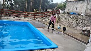 the bricklayer shows up to finish the job finds the boss lady cleaning the pool area and convinces her to go to the bathroom for a blowjob
