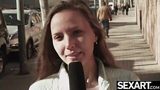 This flawless petite model fingers her clit to intense multiple orgasms in a backstage interview.