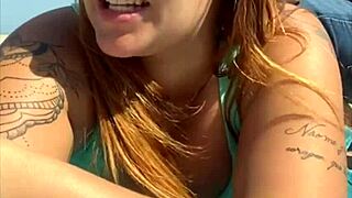 This bold exhibitionist lets a guy touch her ass in a flirty public flashing moment that turns heads.