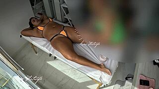 Big tits Brazilian wife in bikini gets pool massage with big pussy exposed