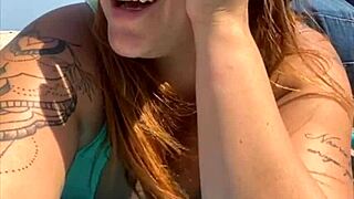 This bold exhibitionist lets a guy touch her ass in a flirty public flashing moment that turns heads.