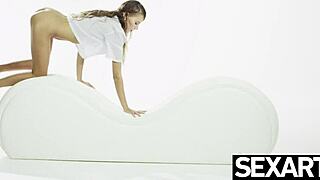 This flawless petite model fingers her clit to intense multiple orgasms in a backstage interview.