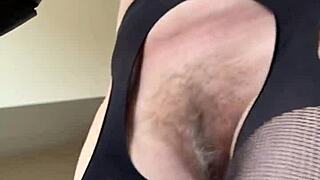 hey, check this hairy milf doing her fetish workout in fishnets at the gym