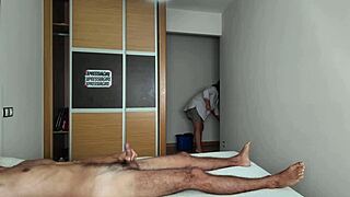 I jerk off in front of the cleaning lady at the hotel bedroom with big ass European milf watching.
